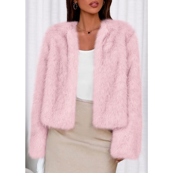 Women's Pink Winter Coats Fluffy Cropped Faux Fur Jacket Long Sleeve Open Front - Picture 2 of 8